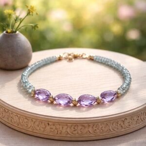 New Solid 14k Gold Natural Blue Zircon | Amethyst Bracelet 7 1/4" - 7 2/3"